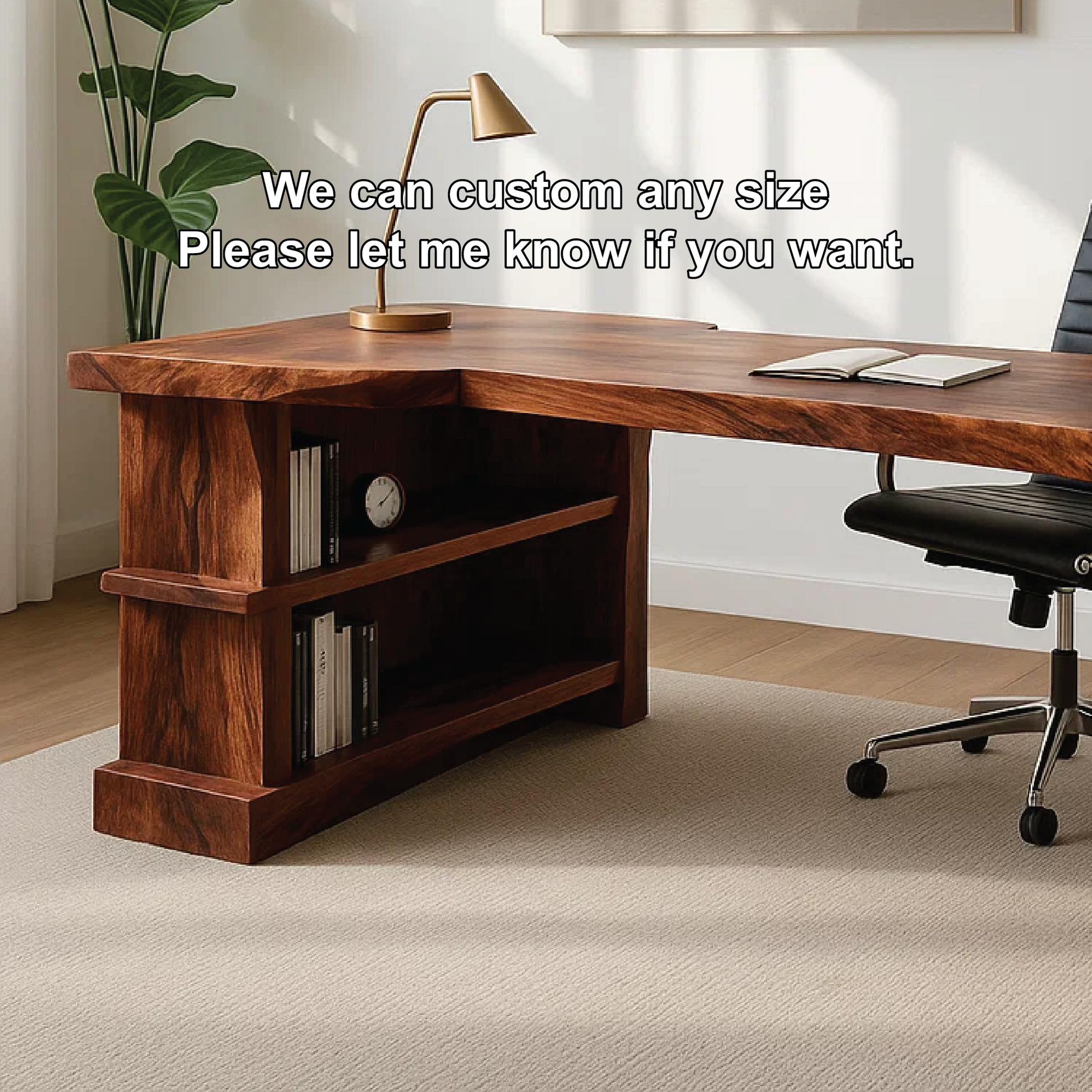 Handcrafted Solid Wood Executive Work Desk with Live-Edge Design and Built-In Open Shelving Lynnsnail