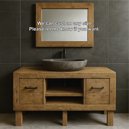Modern Rustic Handcrafted Solid Wood Bathroom Vanity with Storage Drawers and Open Shelves Lynnsnail