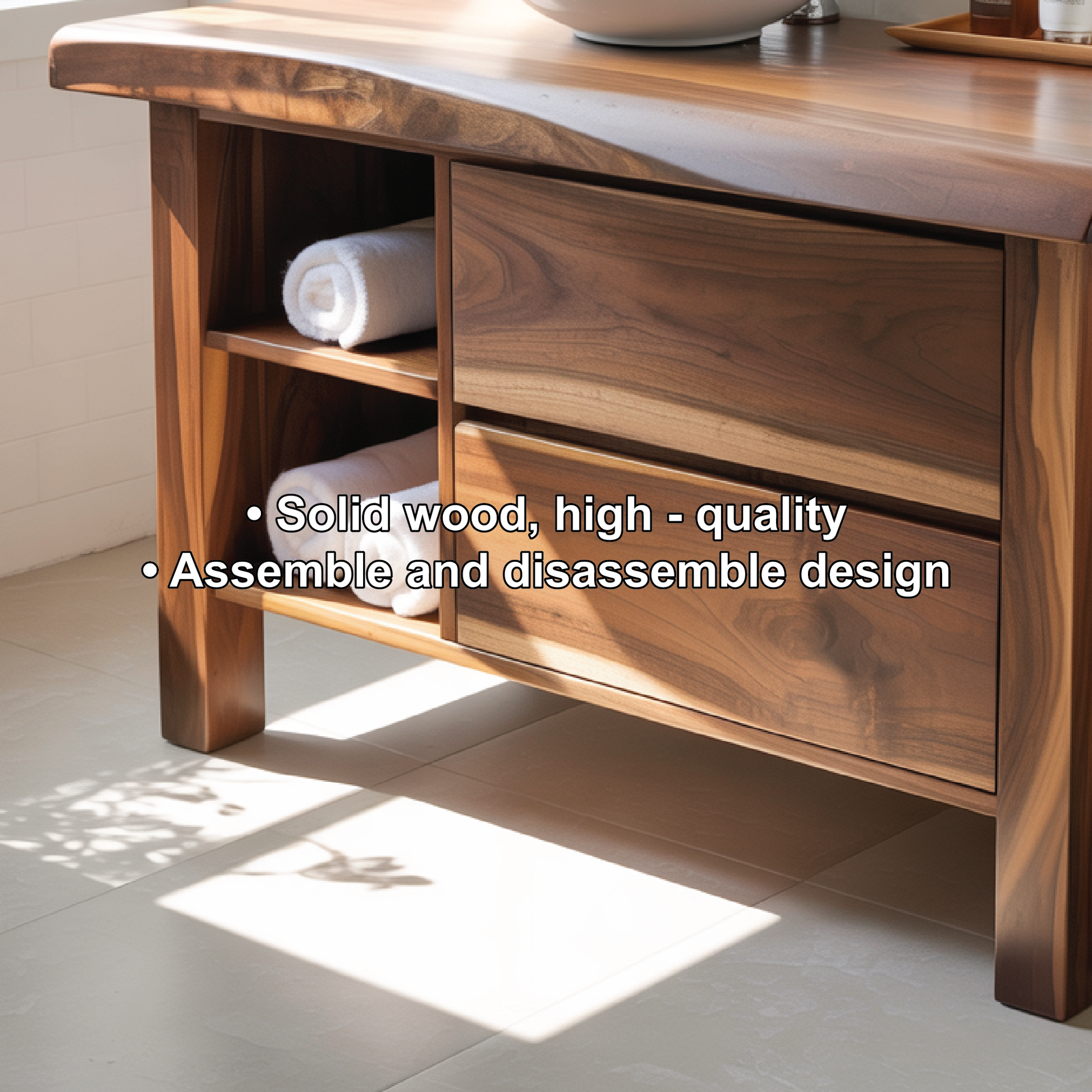 Handcrafted Solid Wood Bathroom Vanity with Live-Edge Countertop and Modern Open Shelf Storage Lynnsnail
