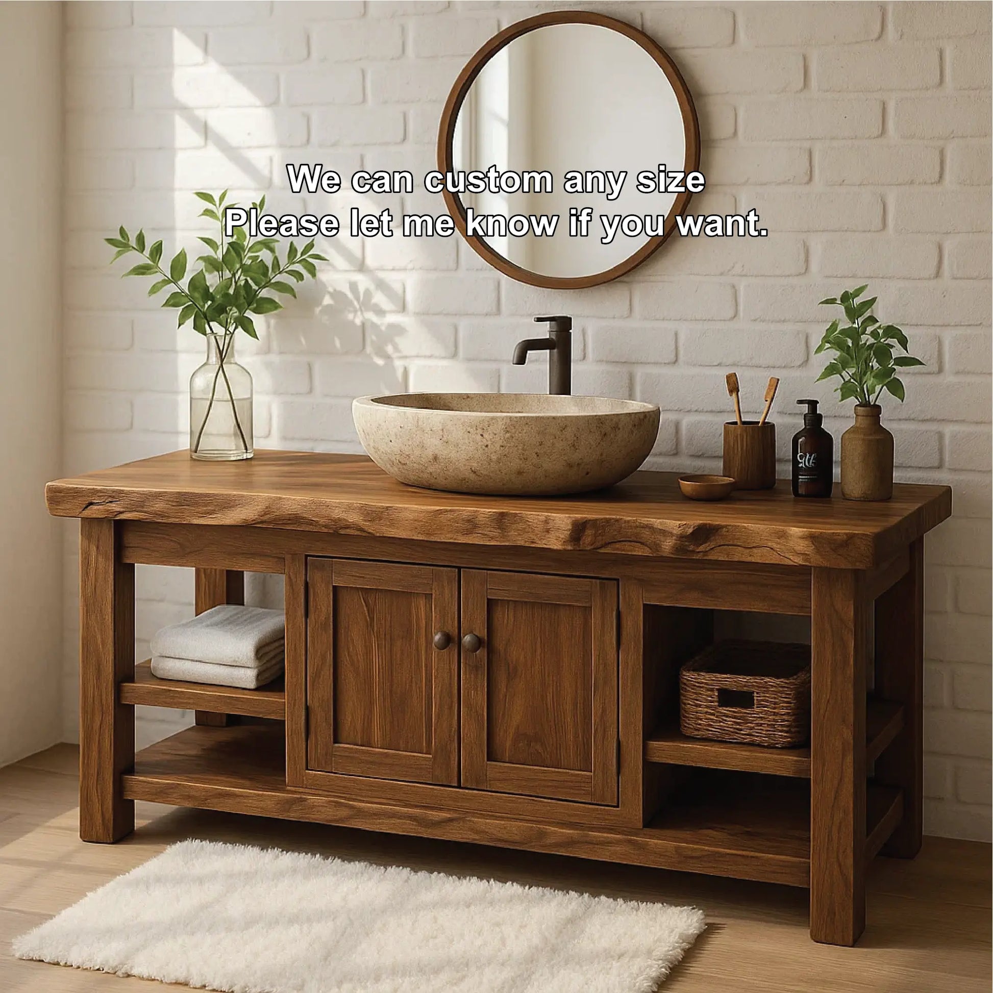 Handcrafted Solid Wood Vanity with Natural Live Edge and Double Door Storage Design Lynnsnail