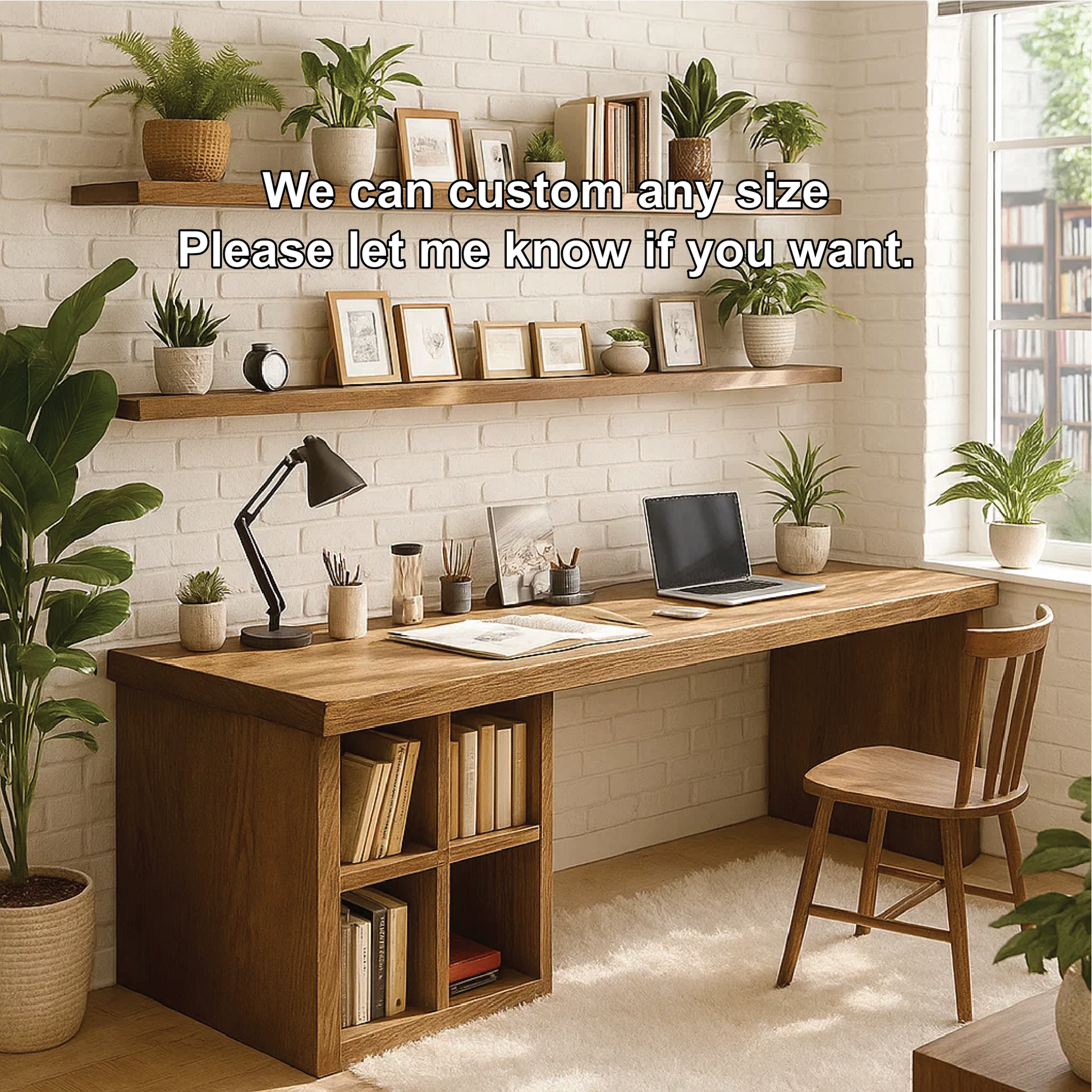 Handcrafted Solid Wood Work Desk – Long Home Office Table with Bookshelf and Natural Finish Lynnsnail