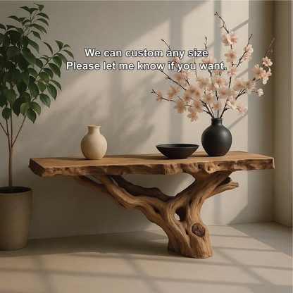 Handcrafted Solid Wood Console Table with Natural Root Base and Organic Live Edge Design Lynnsnail