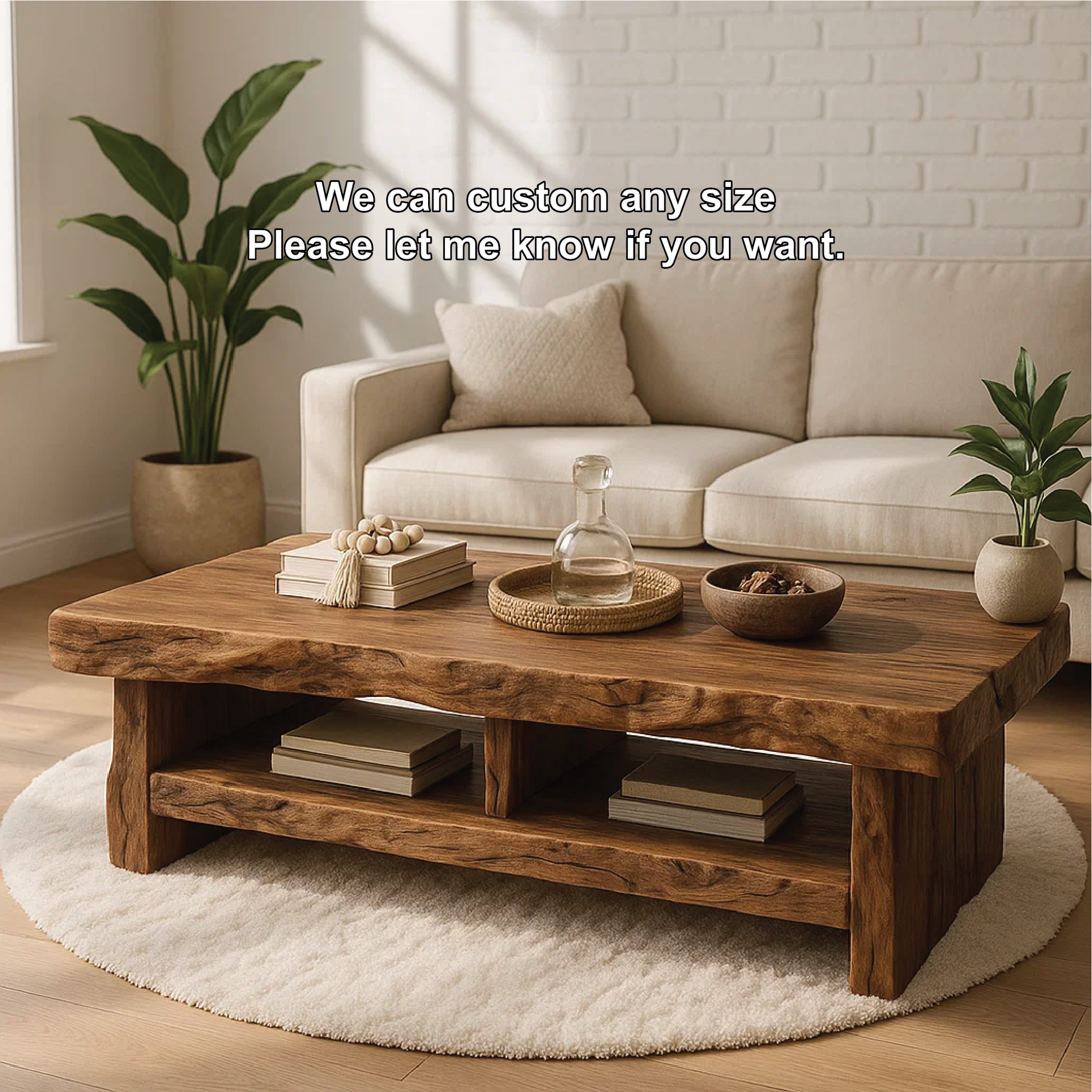 Handcrafted Solid Wood Coffee Table with Live Edge Design and Double Shelf for Storage Lynnsnail