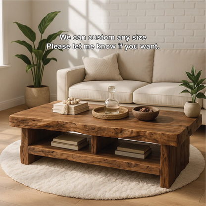 Handcrafted Solid Wood Coffee Table with Live Edge Design and Double Shelf for Storage Lynnsnail