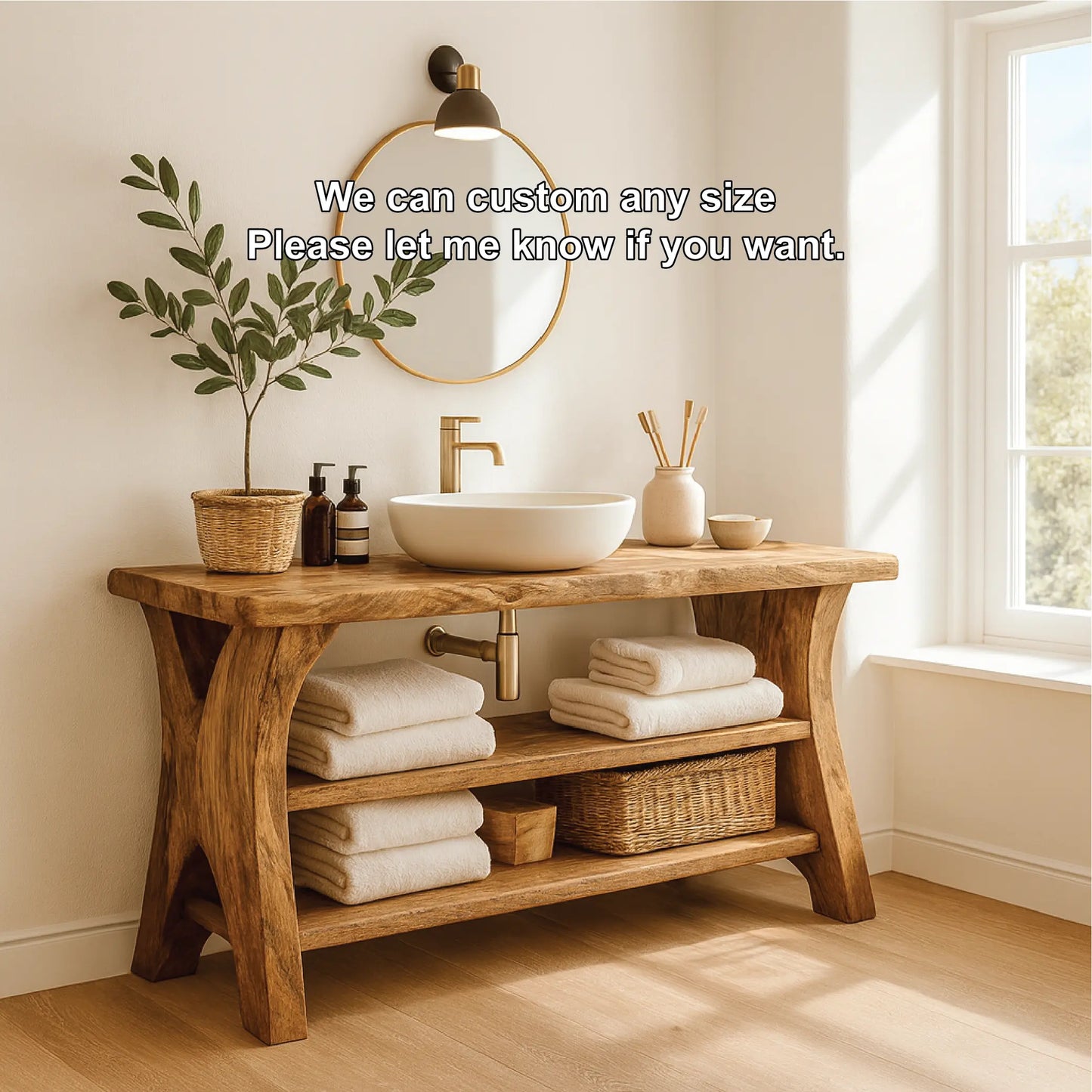 Handcrafted Solid Wood Bathroom Vanity with Natural Live Edge and Open Storage Shelf Design Lynnsnail