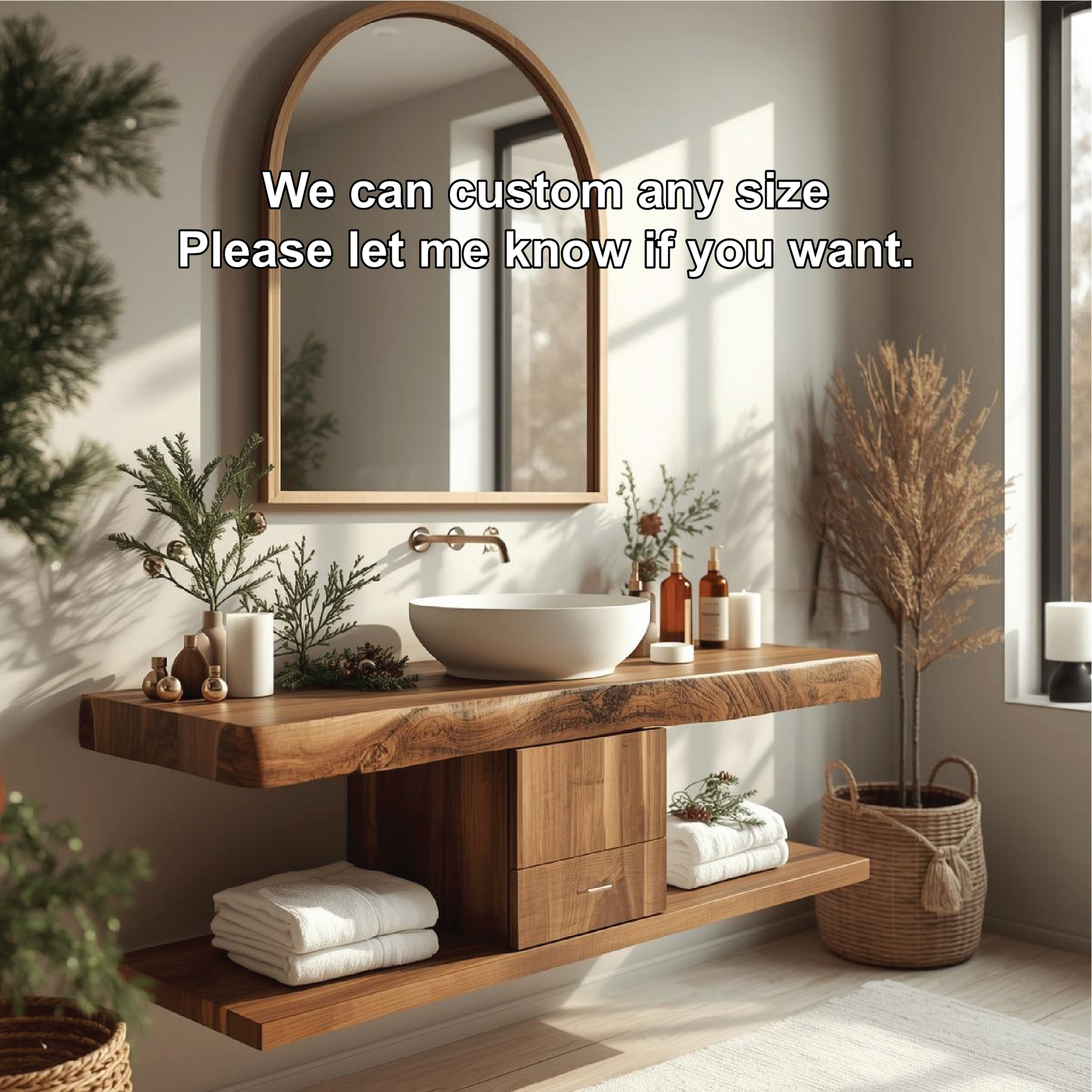 Handcrafted Solid Wood Floating Bathroom Vanity with Center Drawer and Natural Live Edge Top Lynnsnail