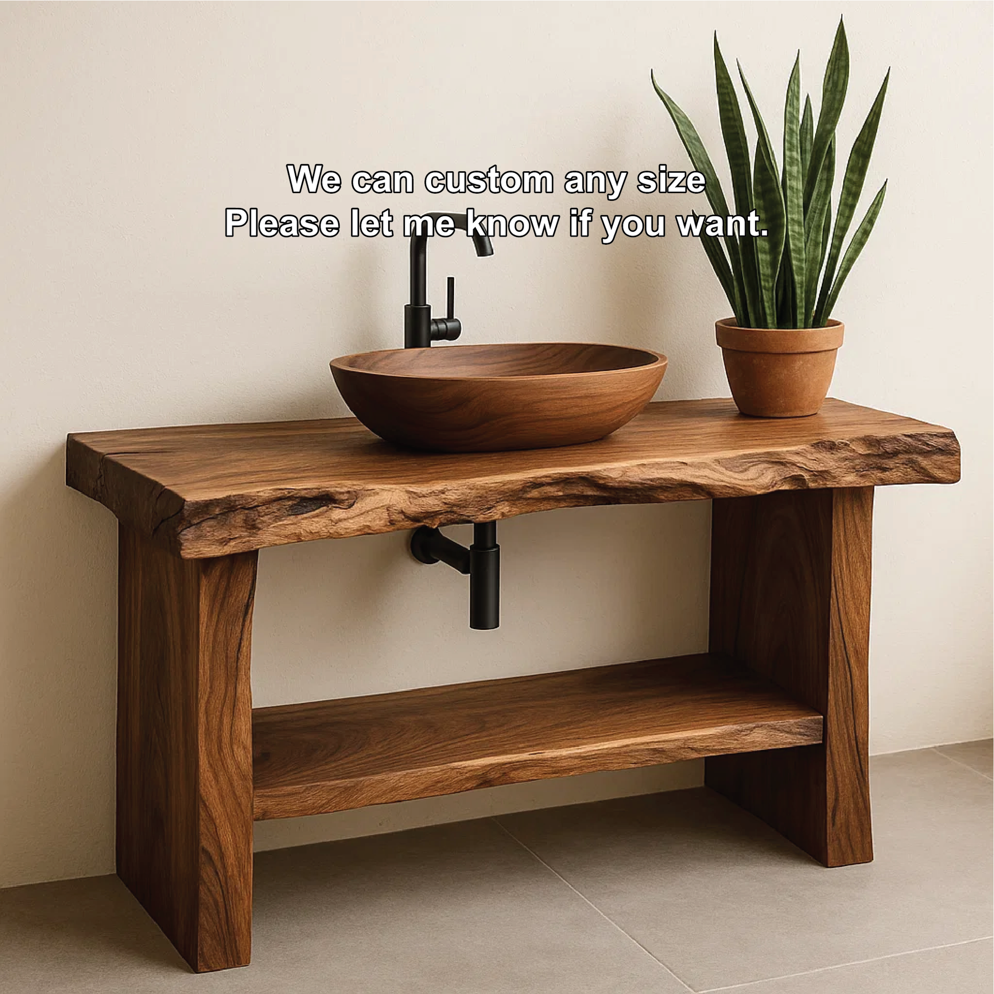 Handcrafted Live Edge Solid Wood Bathroom Vanity with Natural Finish and Open Storage Shelf Lynnsnail