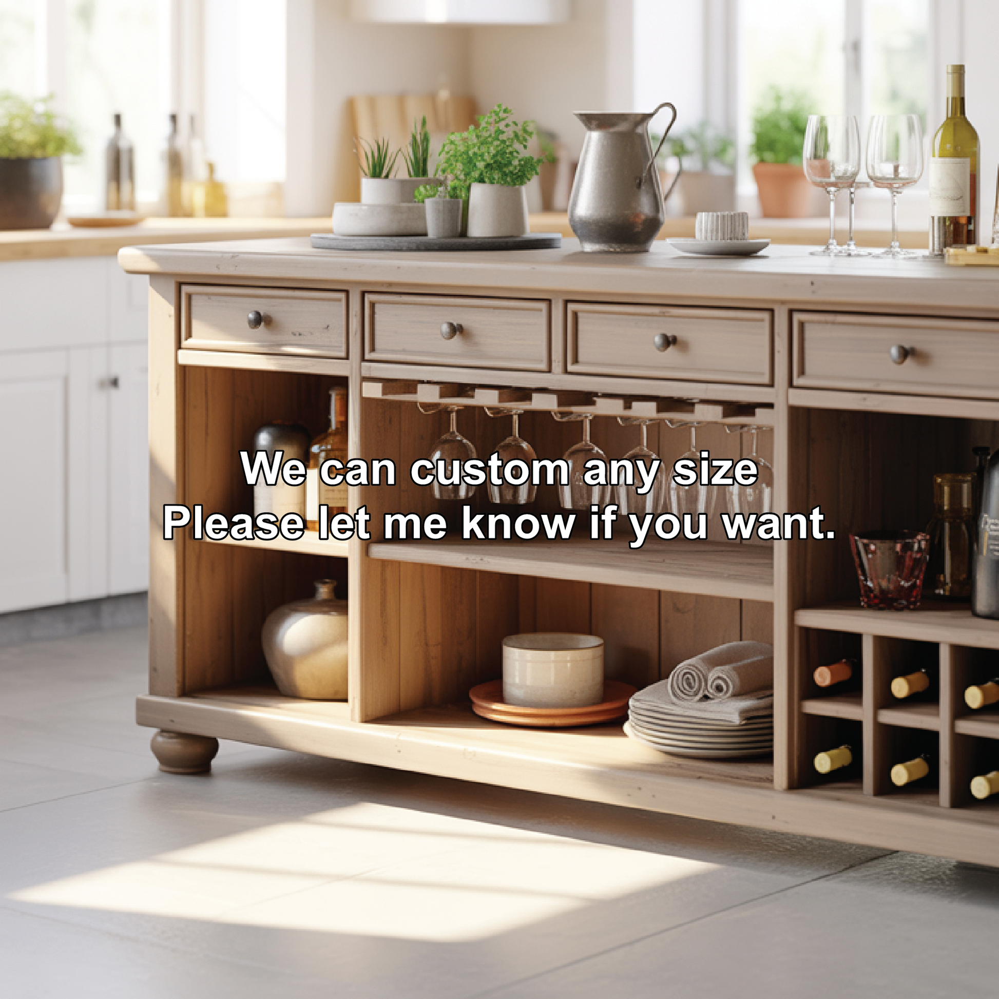 Handcrafted Solid Wood Kitchen Island with Wine Storage, Drawers, and Open Shelving Lynnsnail