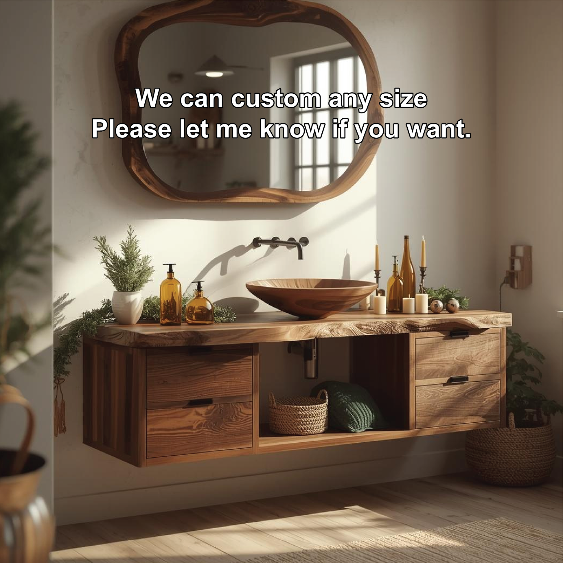 Handcrafted Solid Wood Floating Bathroom Vanity with Live Edge Countertop and Natural Mirror Lynnsnail