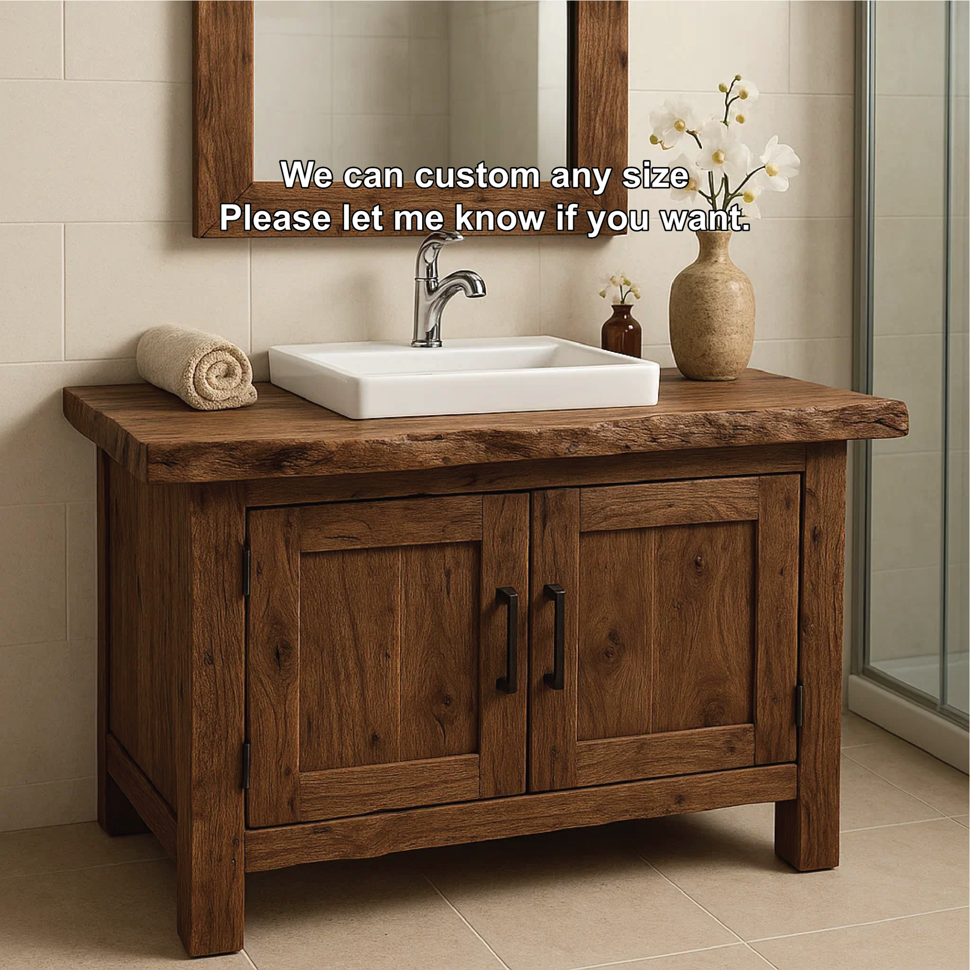 Rustic Handcrafted Solid Wood Bathroom Vanity with Natural Live Edge Top and Double Doors Lynnsnail