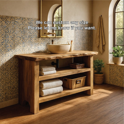 Handcrafted Solid Wood Bathroom Vanity with Live Edge Design and Rustic Open Shelf Storage Lynnsnail