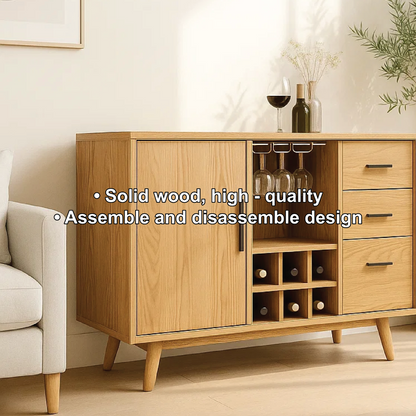 Solid Wood Wine Storage Cabinet with Bottle Rack, Glass Holders and Drawers for Modern Homes Lynnsnail
