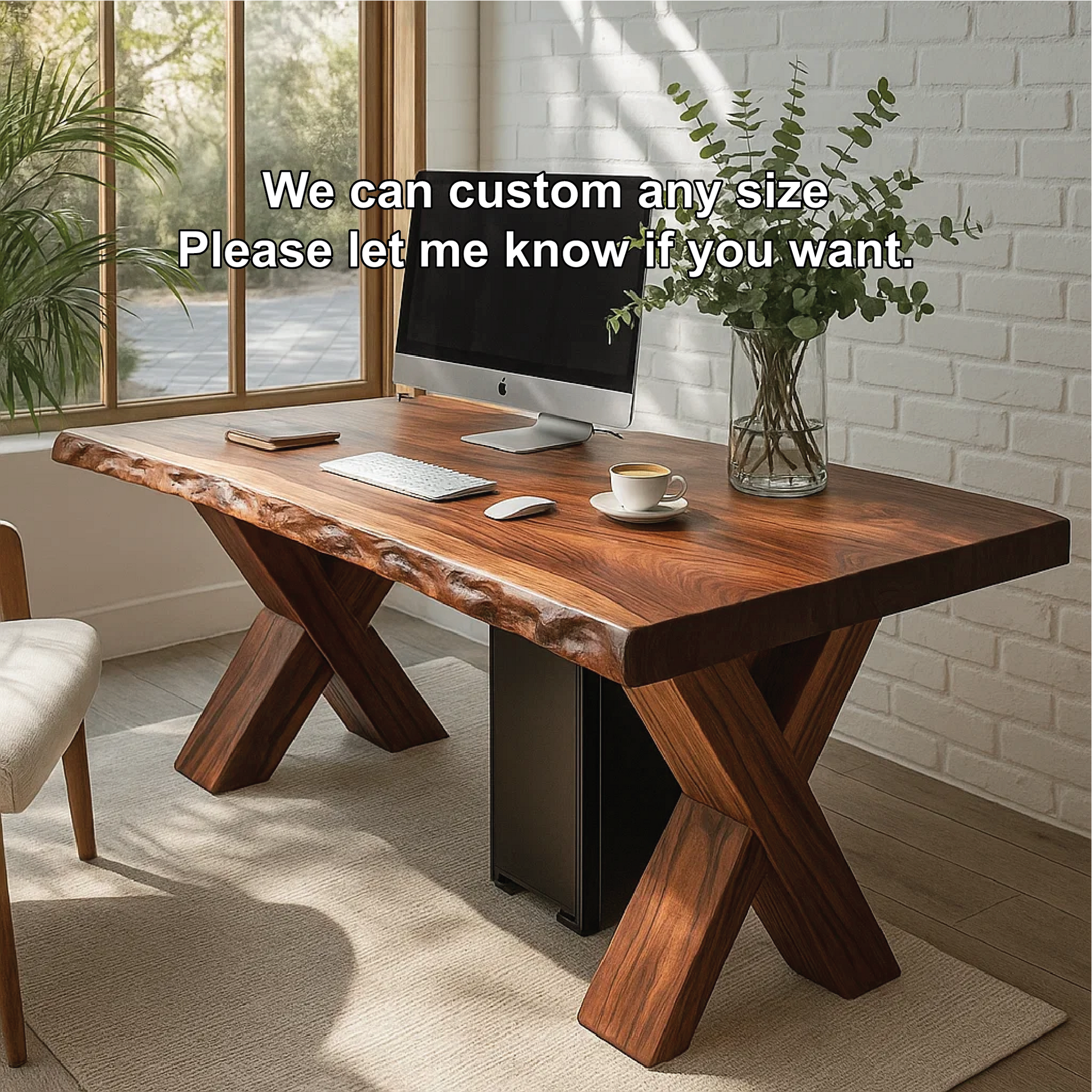 Handcrafted Solid Wood Work Desk – Live Edge Office Table with X-Leg Base and Natural Finish Lynnsnail