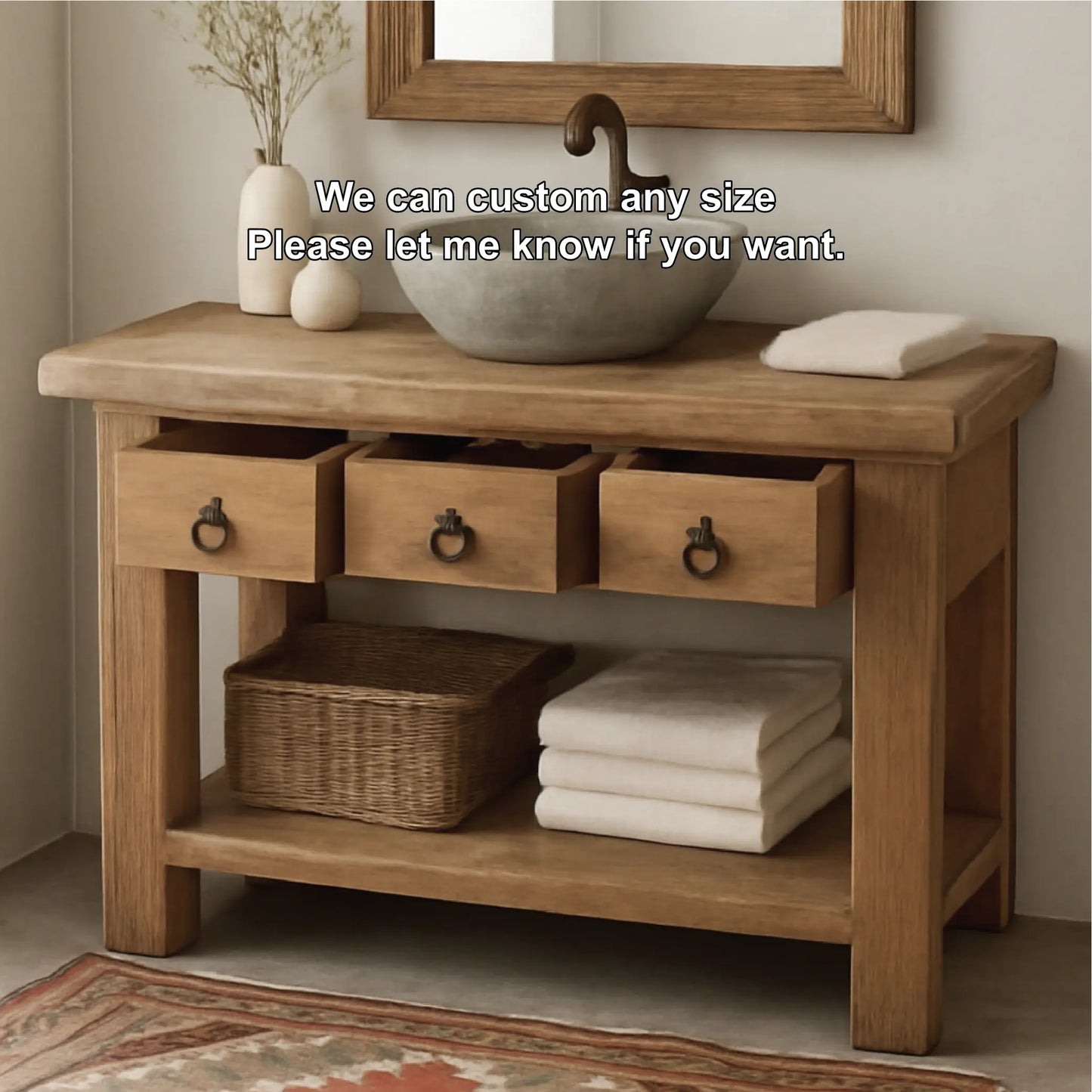Handcrafted Solid Wood Bathroom Vanity with Rustic Drawers and Open Shelf for Natural Interiors Lynnsnail