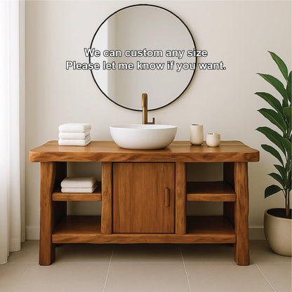 Handcrafted Solid Wood Bathroom Vanity with Center Cabinet and Open Shelves in Natural Finish Lynnsnail