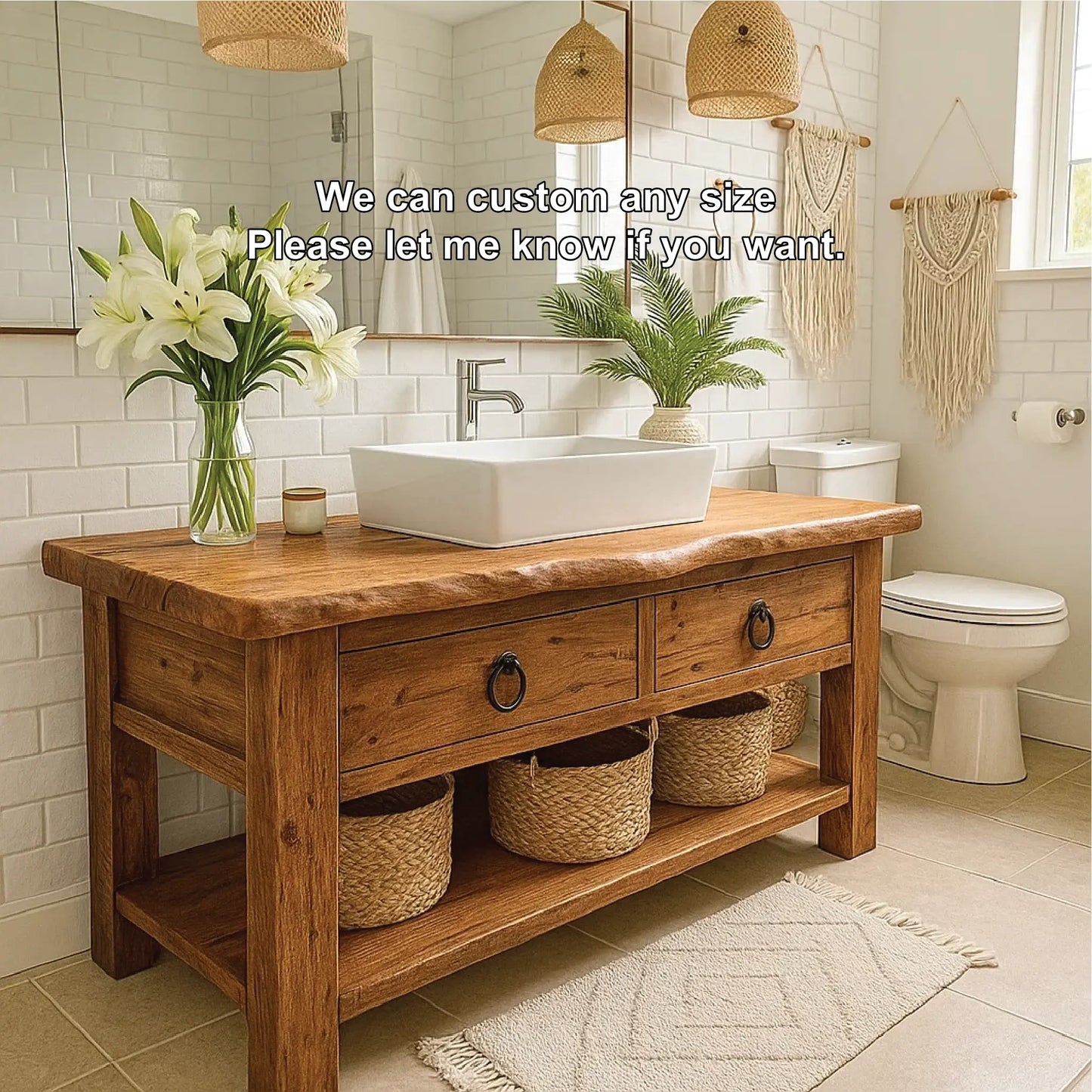 Handcrafted Solid Wood Bathroom Vanity with Drawers and Open Shelf in Natural Rustic Finish Lynnsnail