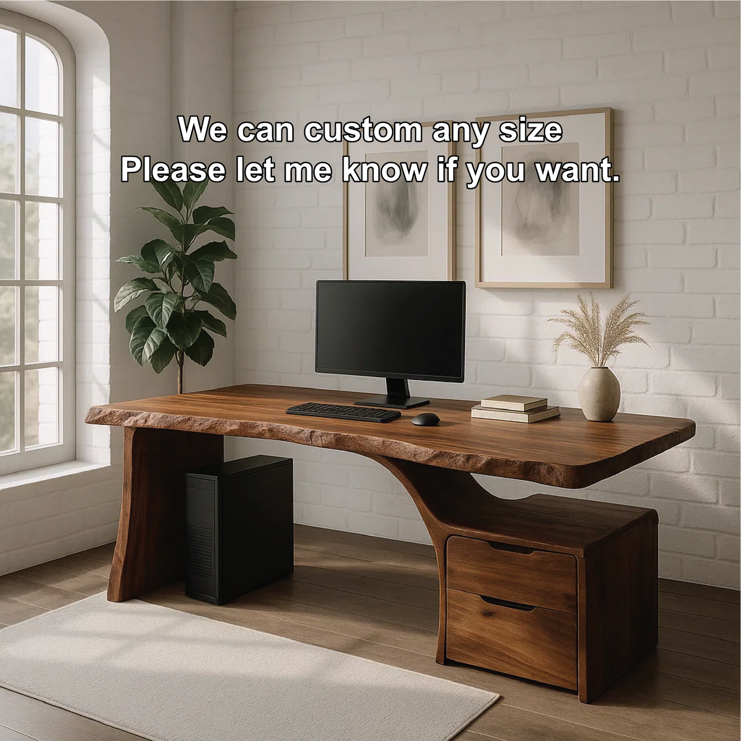 Handcrafted Solid Wood Work Desk – Live Edge Office Table with Organic Curved Base and Drawers Lynnsnail
