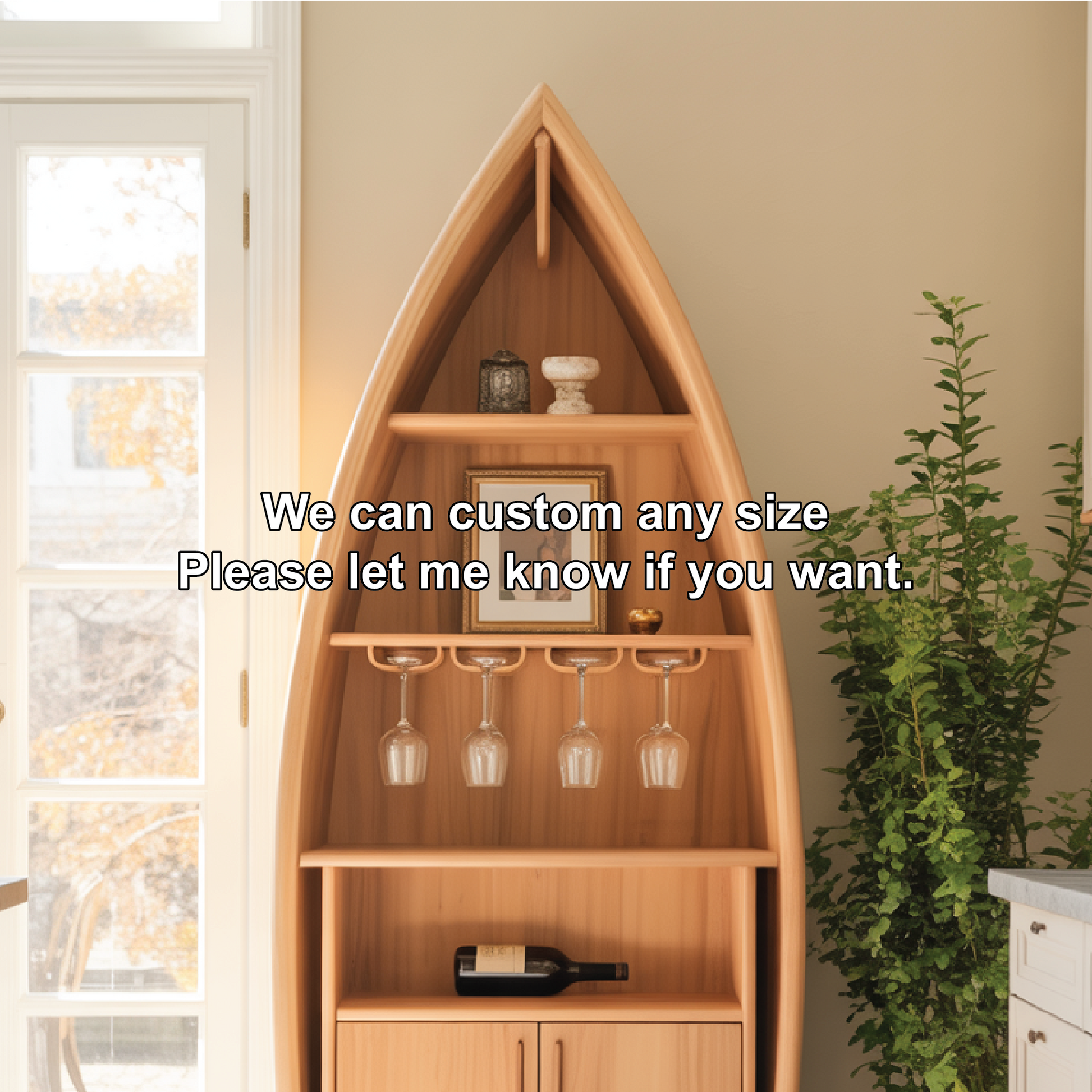 Handcrafted Solid Wood Boat-Shaped Dining Cabinet with Glass Rack and Lower Storage Doors Lynnsnail