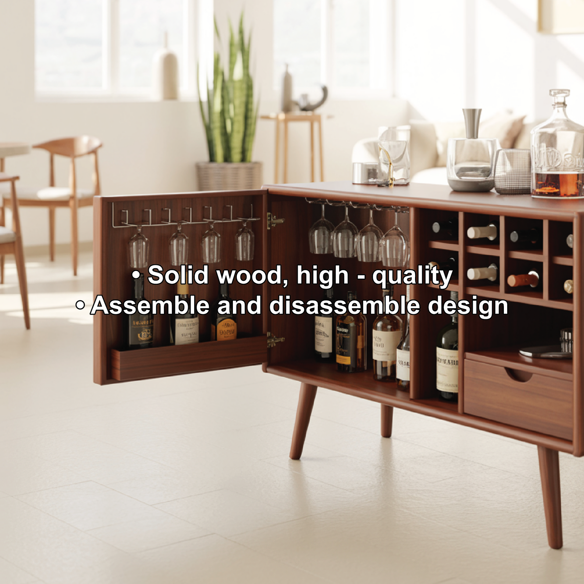 Solid Wood Wine Storage Cabinet with Glass Holders, Bottle Racks and Modern Mid-Century Design Lynnsnail