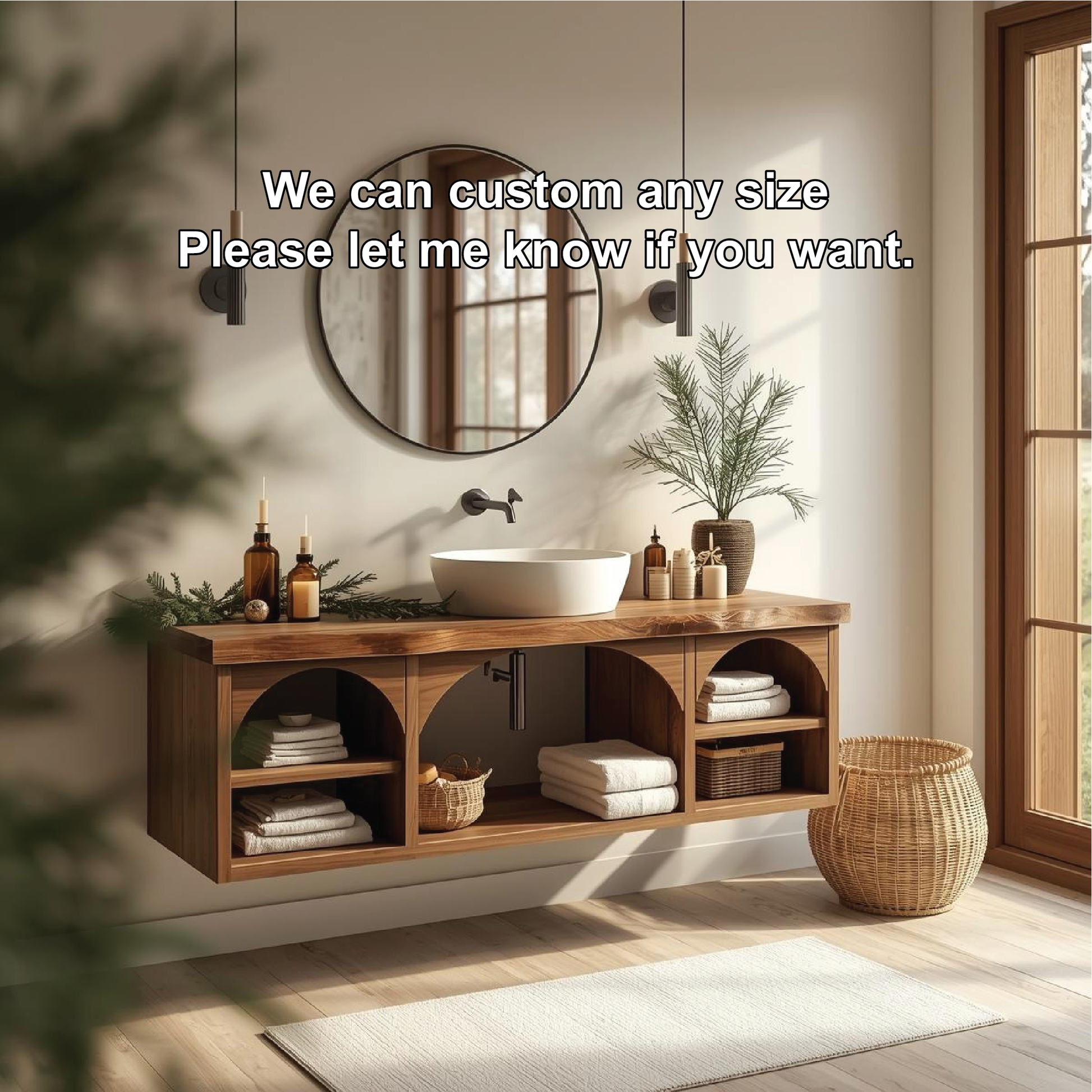Handcrafted Solid Wood Floating Vanity with Arched Shelves and Natural Live Edge Design Lynnsnail