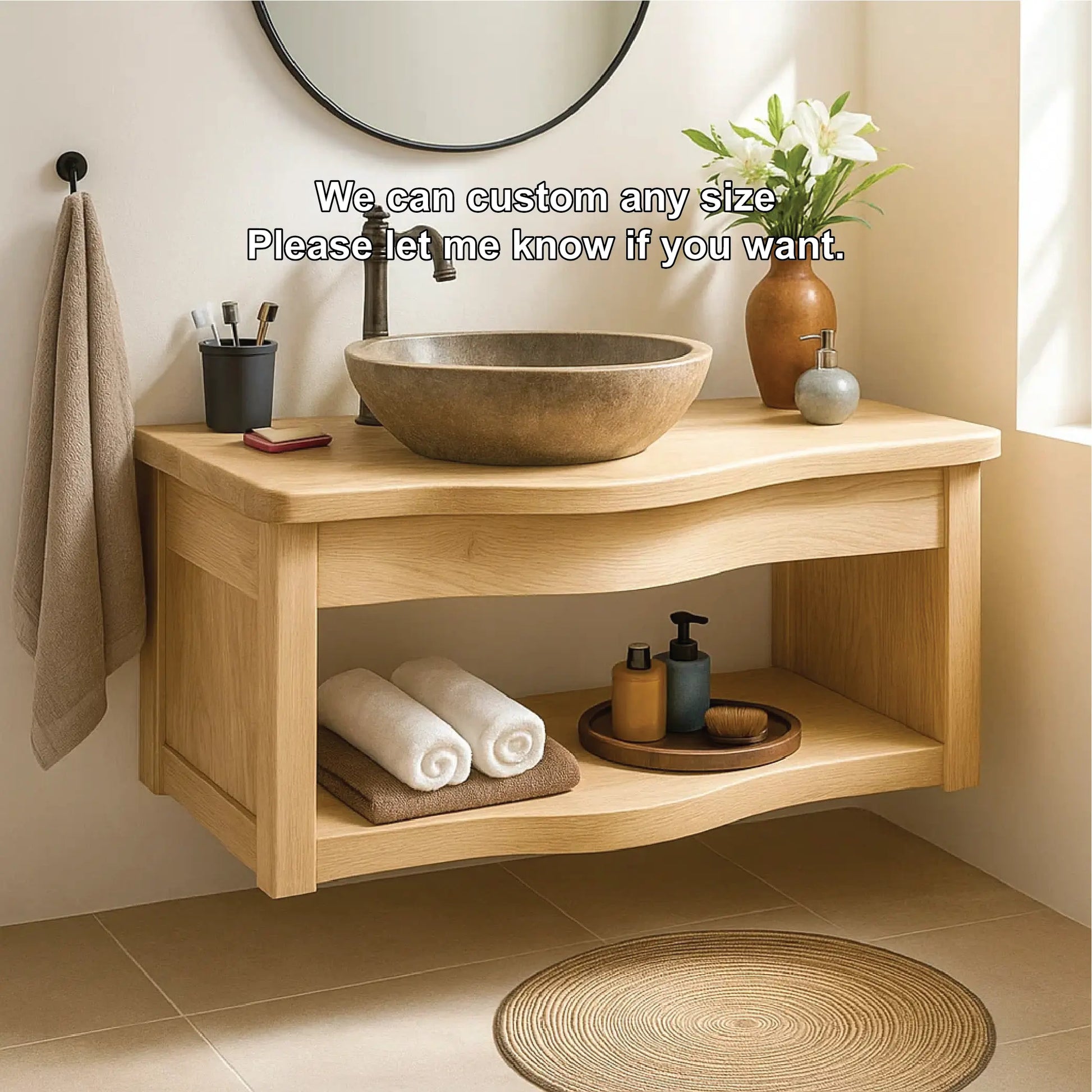 Handcrafted Solid Wood Floating Vanity with Curved Edge Design and Open Shelf Bathroom Storage Lynnsnail