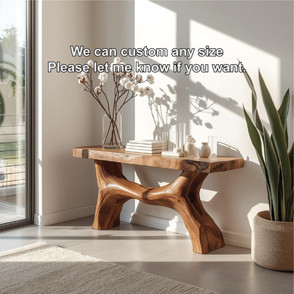 Handcrafted Solid Wood Console Table with Sculptural Base and Natural Live Edge Design Lynnsnail