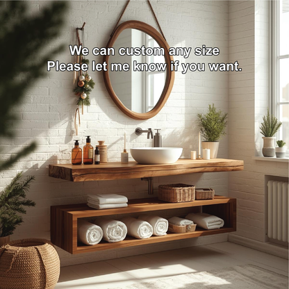 Handcrafted Solid Wood Floating Bathroom Vanity with Live Edge Countertop and Open Storage Shelf Lynnsnail