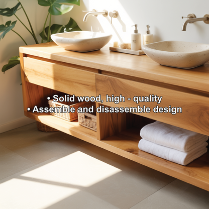 Floating solid wood vanity with double sinks – handcrafted bathroom furniture for modern homes Lynnsnail