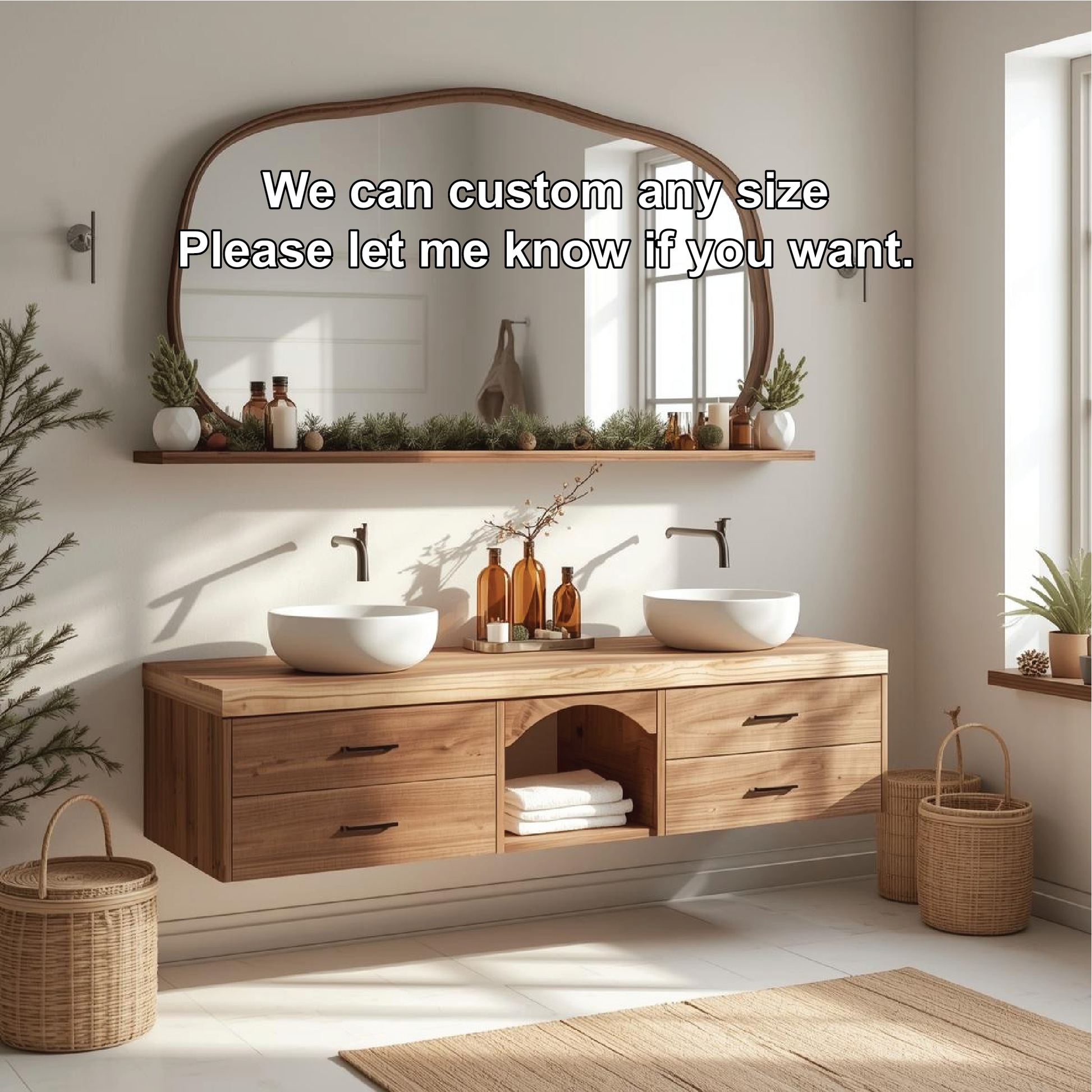 Handcrafted Solid Wood Floating Double Sink Vanity with Drawers and Natural Finish for Bathroom Lynnsnail