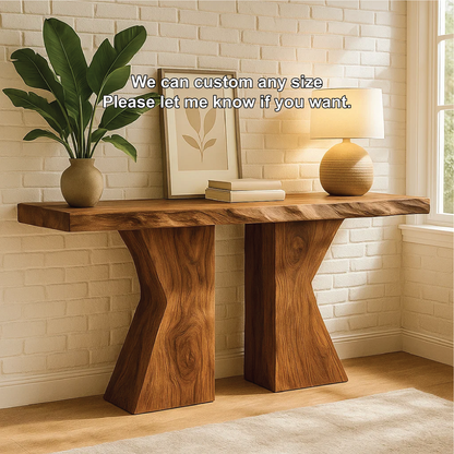 Handcrafted Solid Wood Console Table with Sculptural Base and Natural Live Edge Design Lynnsnail