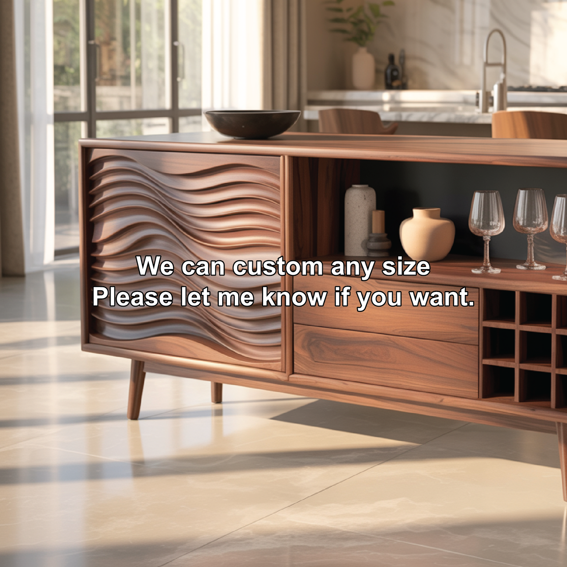 Handcrafted Solid Wood Dining Cabinet with Wave Carved Door, Open Display Shelf and Wine Storage Lynnsnail