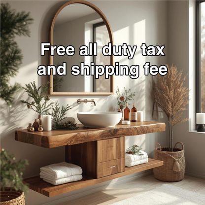 Handcrafted Solid Wood Floating Bathroom Vanity with Center Drawer and Natural Live Edge Top Lynnsnail
