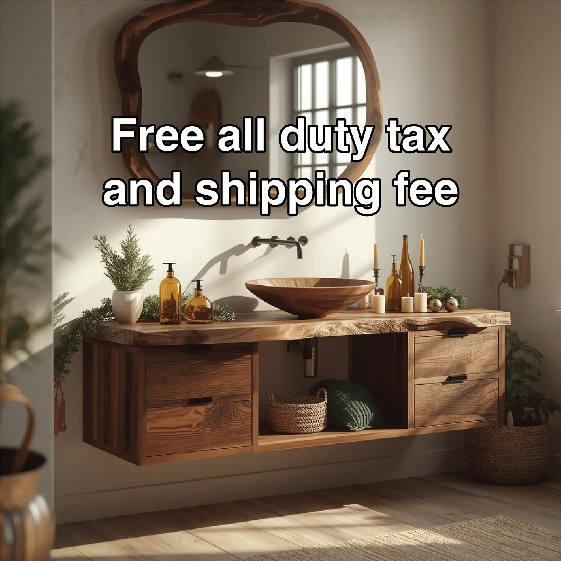 Handcrafted Solid Wood Floating Bathroom Vanity with Live Edge Countertop and Natural Mirror Lynnsnail