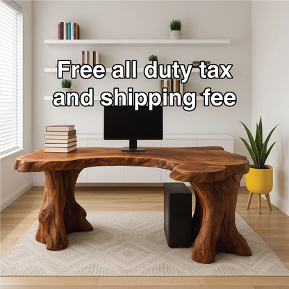 Handcrafted Solid Wood Executive Desk – Live Edge Office Table with Natural Tree Trunk Base Design