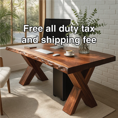 Handcrafted Solid Wood Work Desk – Live Edge Office Table with X-Leg Base and Natural Finish Lynnsnail