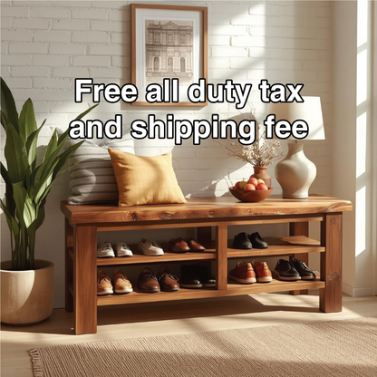 Handcrafted Solid Wood Entryway Bench with Live Edge Top and Multi-Tier Shoe Storage Shelves Lynnsnail