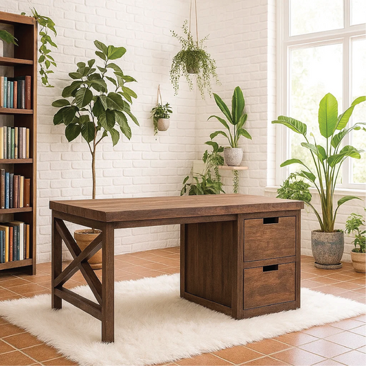 Handcrafted Solid Wood Work Desk – Rustic Office Table with Storage Drawers and Natural Finish