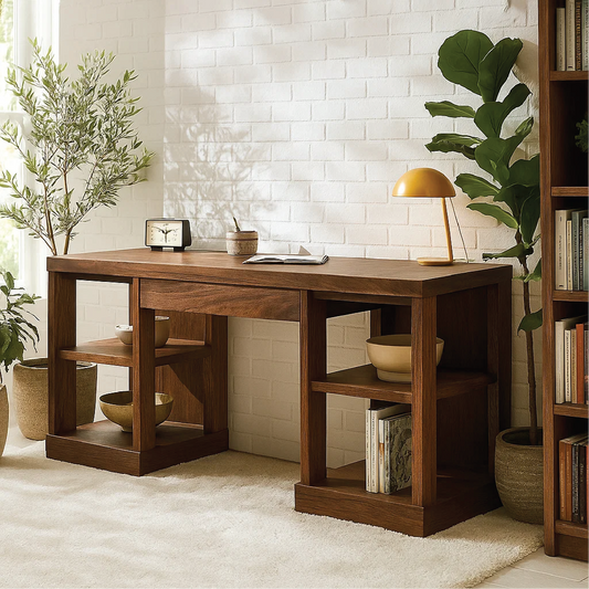 Handcrafted Solid Wood Work Desk – Modern Walnut Office Table with Open Storage Shelves