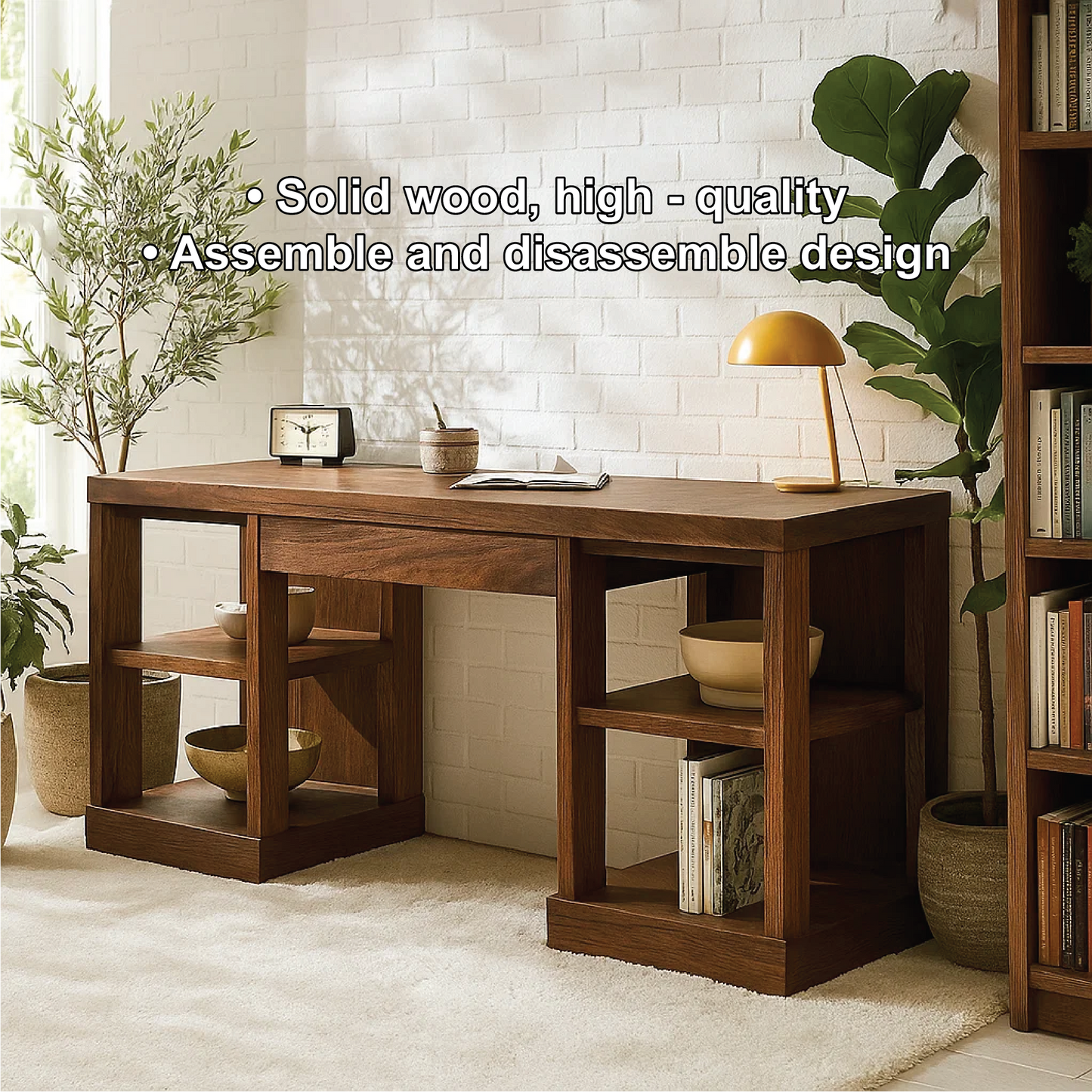 Handcrafted Solid Wood Work Desk – Modern Walnut Office Table with Open Storage Shelves