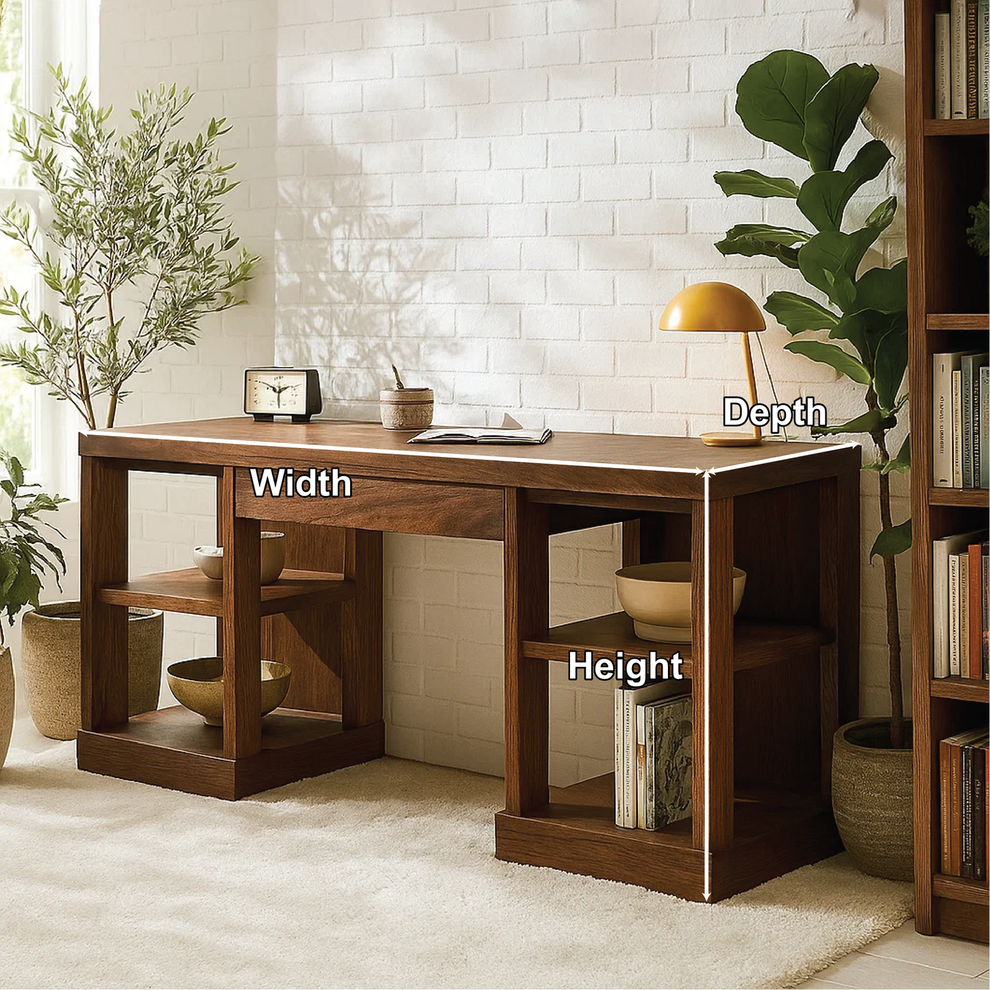 Handcrafted Solid Wood Work Desk – Modern Walnut Office Table with Open Storage Shelves