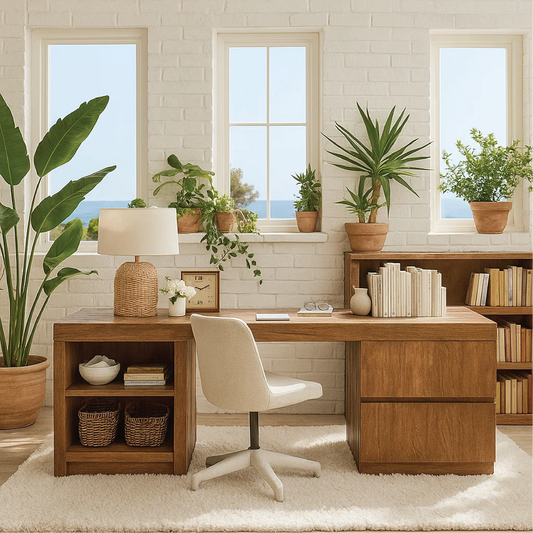 Handcrafted Solid Wood L-Shaped Work Desk – Modern Home Office Table with Storage Shelves