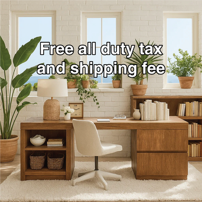 Handcrafted Solid Wood L-Shaped Work Desk – Modern Home Office Table with Storage Shelves