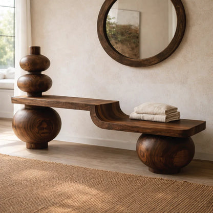 Sculptural Solid Wood Bench, Modern Artistic Entryway Statement Seating