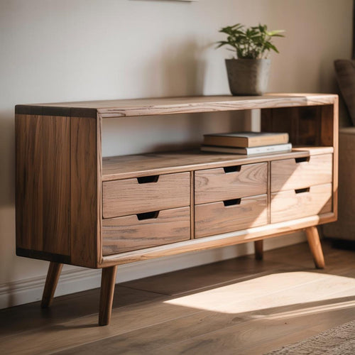 Handcrafted Solid Wood Sideboard – Mid-Century Console Table with Drawers and Open Shelf Lynnsnail
