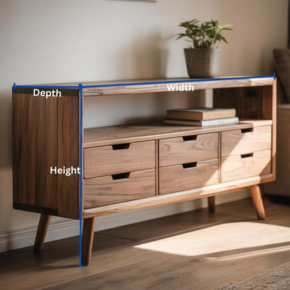 Handcrafted Solid Wood Sideboard – Mid-Century Console Table with Drawers and Open Shelf Lynnsnail