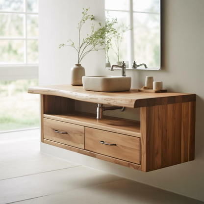 Handcrafted Solid Wood Floating Vanity, Organic Live Edge Two-Tier Console Lynnsnail