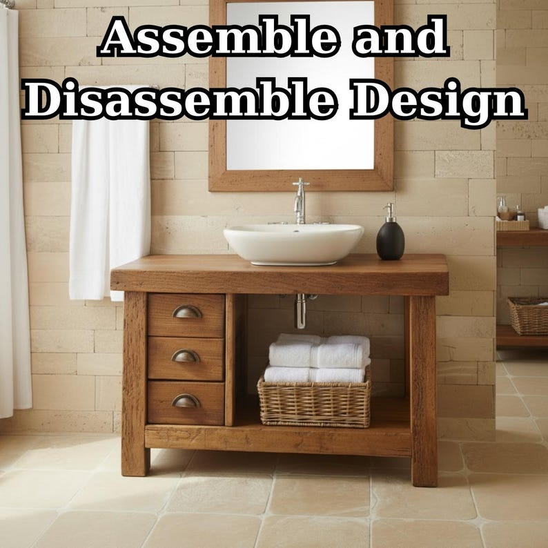 Handcrafted Solid Wood Bathroom Vanity, Rustic Console with 3 Drawers & Shelf Lynnsnail