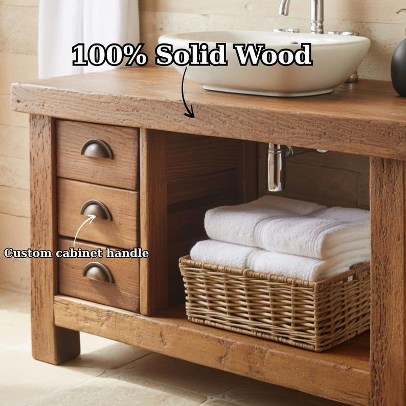 Handcrafted Solid Wood Bathroom Vanity, Rustic Console with 3 Drawers & Shelf Lynnsnail
