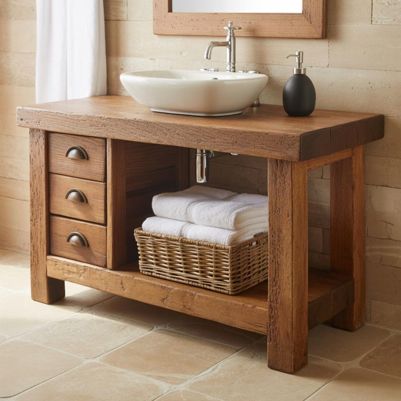 Handcrafted Solid Wood Bathroom Vanity, Rustic Console with 3 Drawers & Shelf Lynnsnail