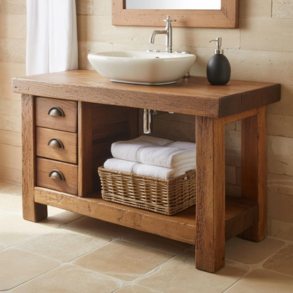Handcrafted Solid Wood Bathroom Vanity, Rustic Console with 3 Drawers & Shelf Lynnsnail